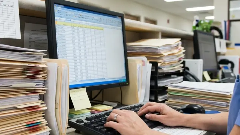 蛍光灯の下、パソコン作業をしている手元。