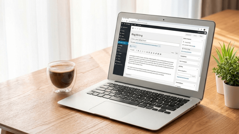 白いカーテンから光が降り注ぐ家の中。木のテーブルの上に、開いたノートパソコンとコーヒーと観葉植物がある。
